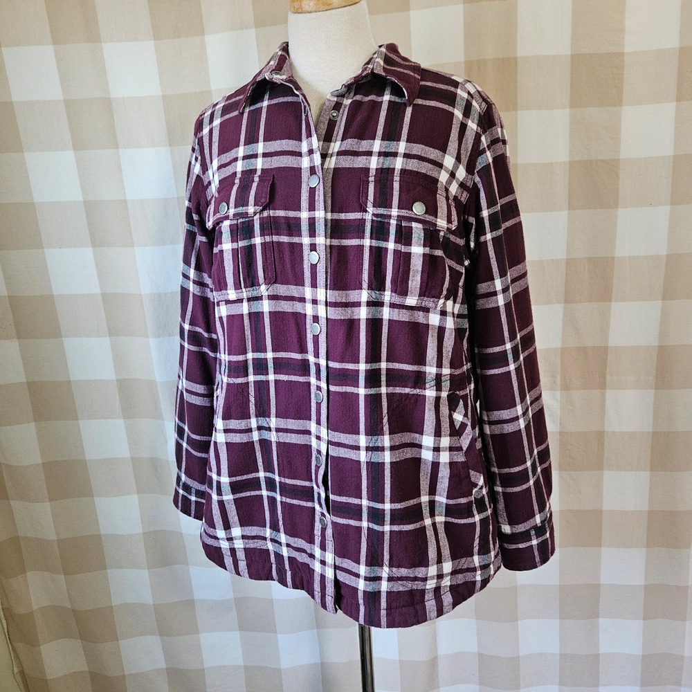 Duluth Trading Co Plaid Flannel Fleece Lined Shirt Jacket Burgundy White‎ Size M